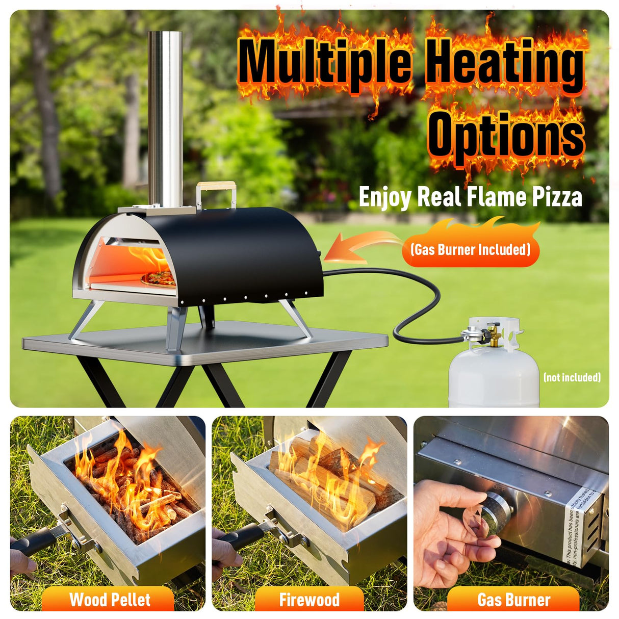 Multi-Fuel Pizza Oven Outdoor, 12" Portable Wood and Gas Fired Pizza Oven with Thermometer,Gas Hose & Pizza Stone,Heats up to 1000°F,Stainless Steel Pizza Oven for Backyard or Camping (Black) WOOCIT