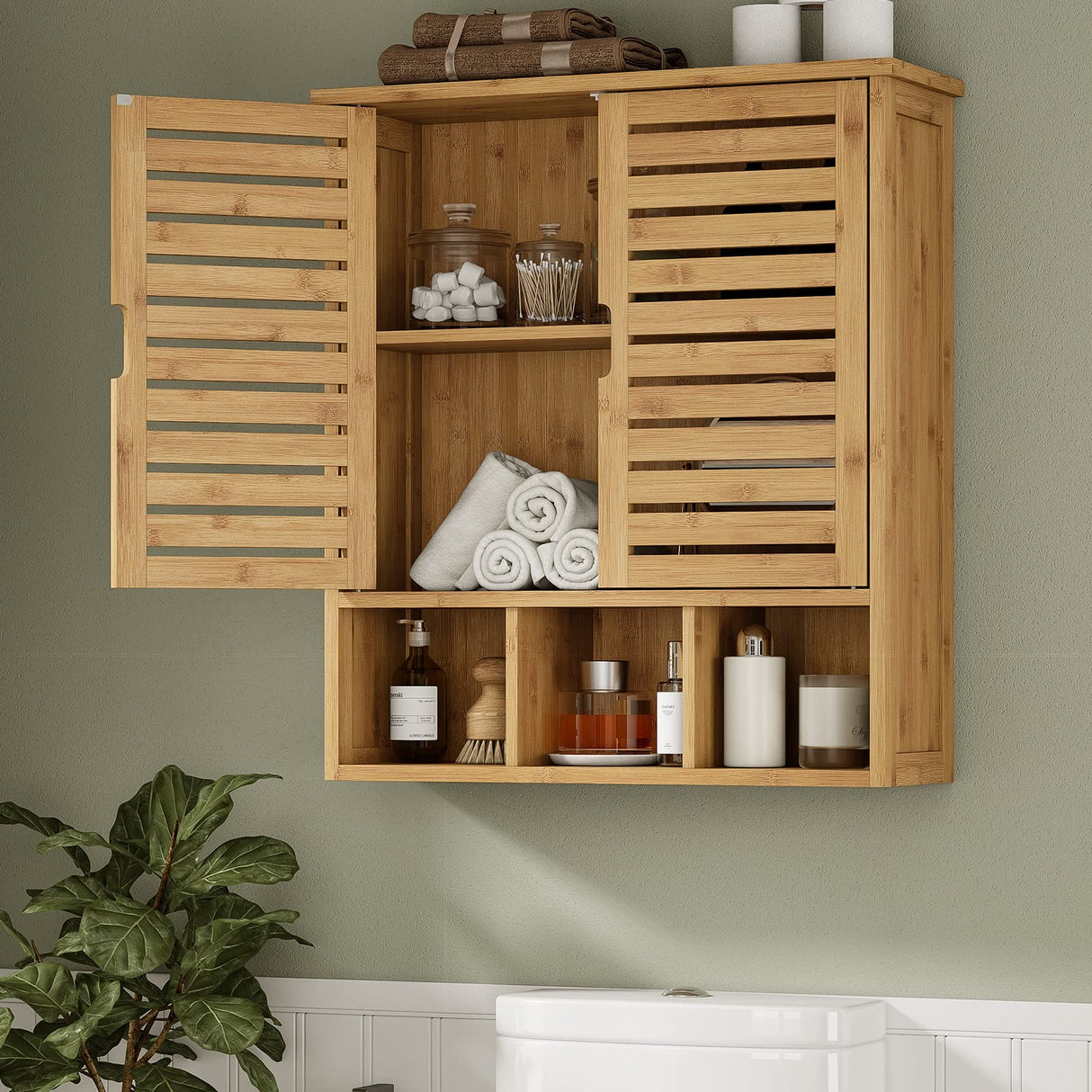 FORABAMB Bathroom Wall Storage Cabinet, Bamboo Medicine Cabinet with Doors and Adjustable Shelves, Bathroom Medicine Cabinet Wall Mount, Wall Mounted Over-The-Toilet Storage Cabinet FORABAMB