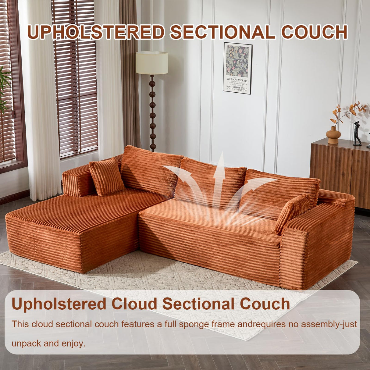 110" Modular Sectional Sofa with L-Shape Chaise, Boneless Cloud Couch with Deep Seat, Sponge Compression Sofas No Assembly Required, Upholstered Couches for Living Room Bedroom, Corduroy (Brown) ETCZOYE