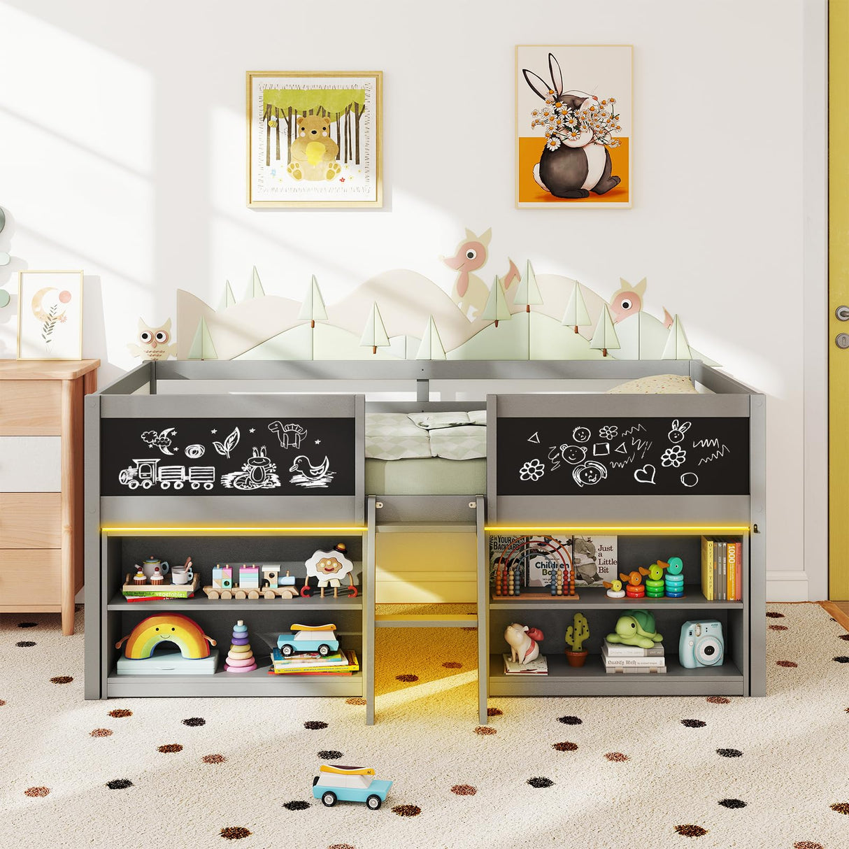 Giantex Low Loft Bed with LED Lights, Wooden Twin Size Loft Bed with Ladder & Blackboard, Twin Bed Frames for Kids with Storage 2 Bookcases and Play Space, Grey Giantex