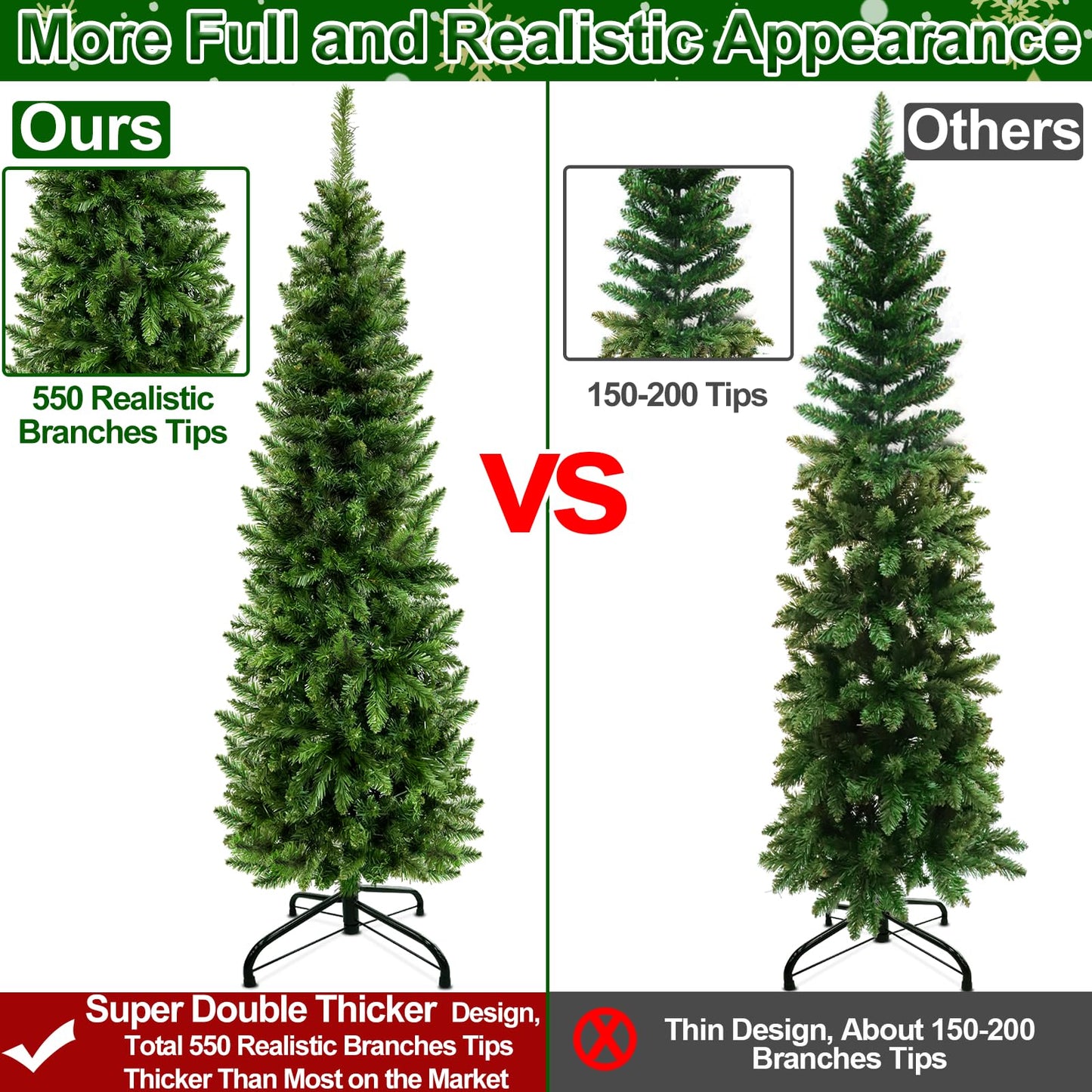 TURNMEON 5 Ft Pencil Christmas Tree with Thick 550 Tips, Metal Stand, Hinged Premium Realistic Spruce Green Branch Artificial Xmas Slim Tree Decor Home Indoor Outdoor Party