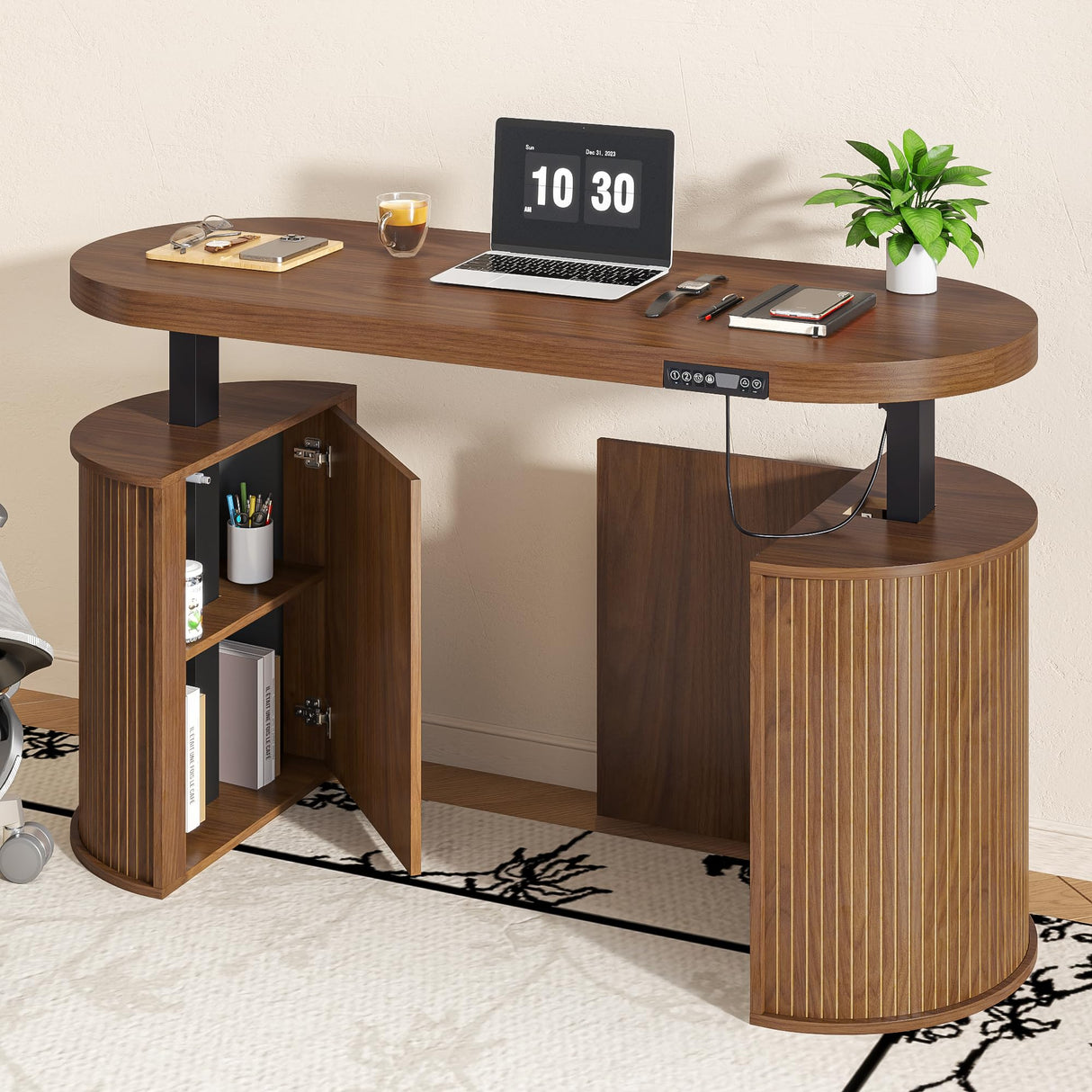 Xyulmeo Mid Century Modern Electric Standing Desk with Storage, 55 x 22 Inch Small Sit Stand Up Desk, Wood Adjustable Height Computer Executive Desk for Home Office, Laptop, Walnut Xyulmeo