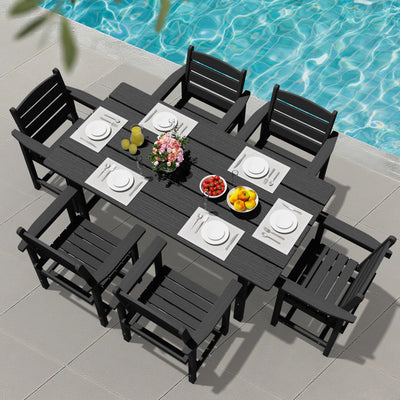 PLUUV Outdoor HDPE Dining Set, 7 Pieces Outdoor Furniture with Large Table& 6 Chairs, All-Weather Patio Dining Set for Lawn, Garden, Backyard, Black