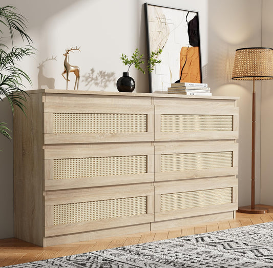 Rattan Dresser - Dresser for Bedroom 6 Drawer Dresser Organizer Storage Drawers, Chest of Drawers Entryway Table, Dresser for Bedroom, Nursery, Closet, Entryway - WoodArtSupply