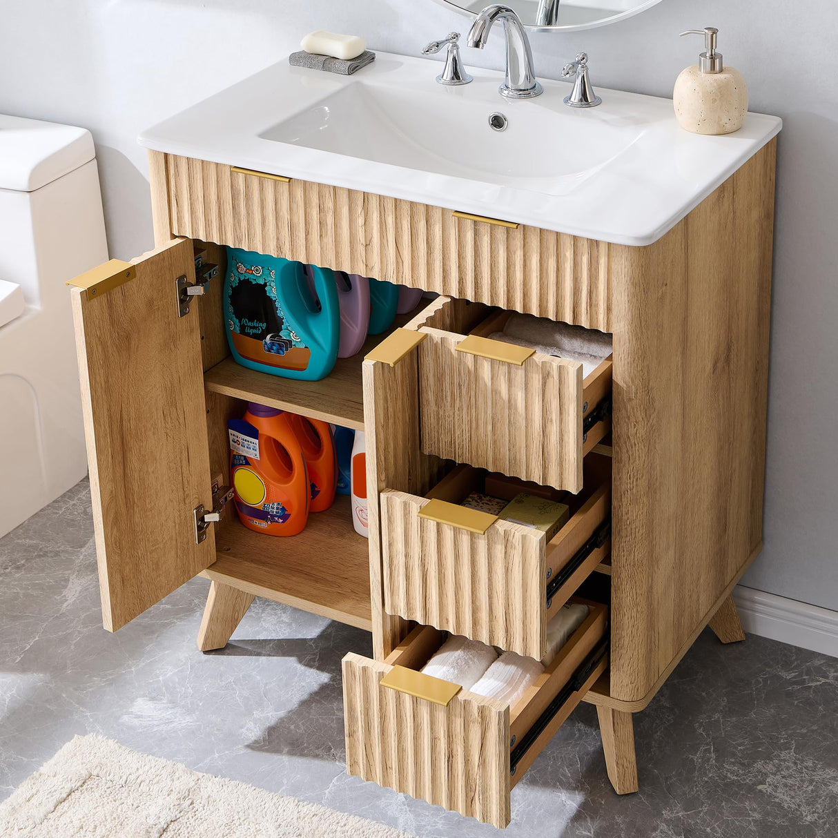 T4TREAM 30" Fluted Bathroom Vanity with Ceramic Sink Combo，Freestanding Modern Bathroom Storage Vanity Cabinet with 2 Soft Closing Doors & 3 Drawers，Wood Grain Texture，Metal Handle，Natural Oak T4TREAM