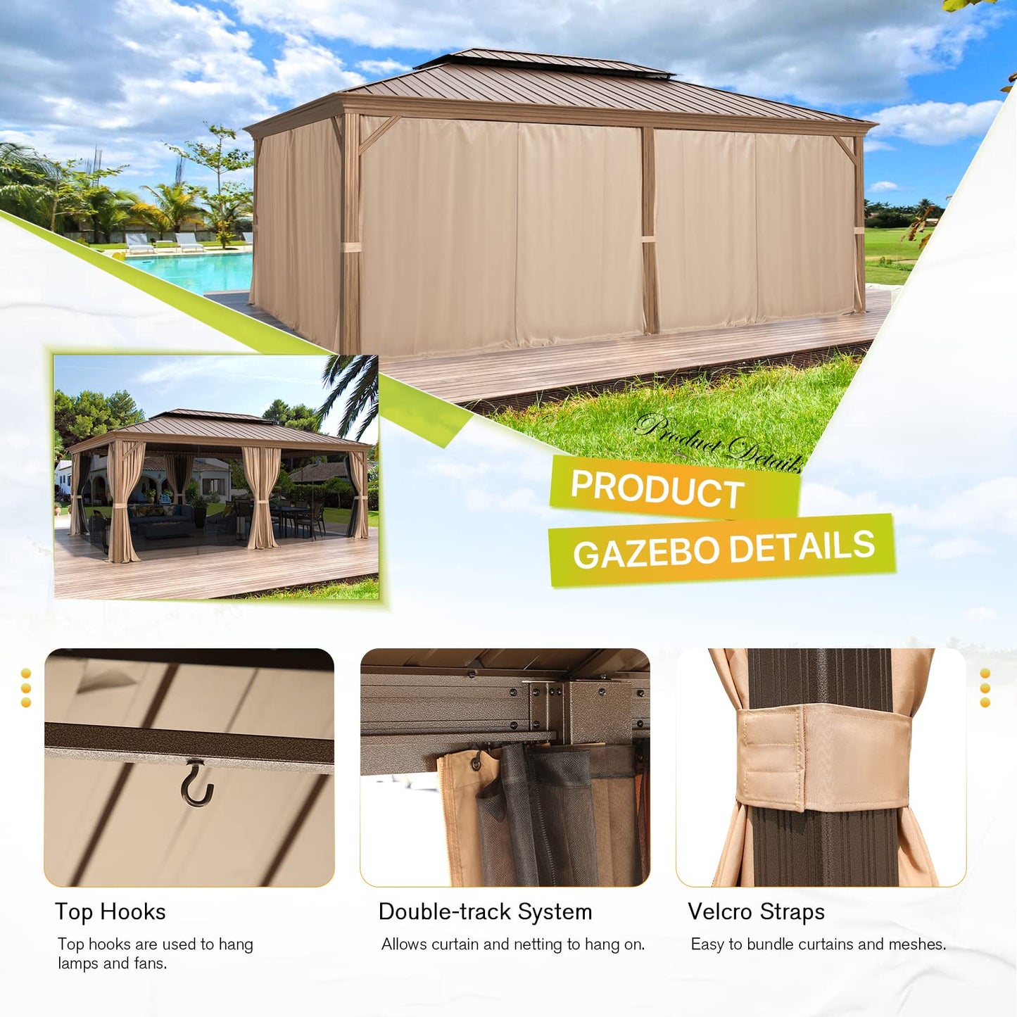 MELLCOM 14' x 20' Hardtop Gazebo, Wooden Finish Coated Aluminum Frame Gazebo with Galvanized Steel Double Roof, Brown Metal Gazebo with Curtains and Nettings for Patio, Lawn & Garden - WoodArtSupply