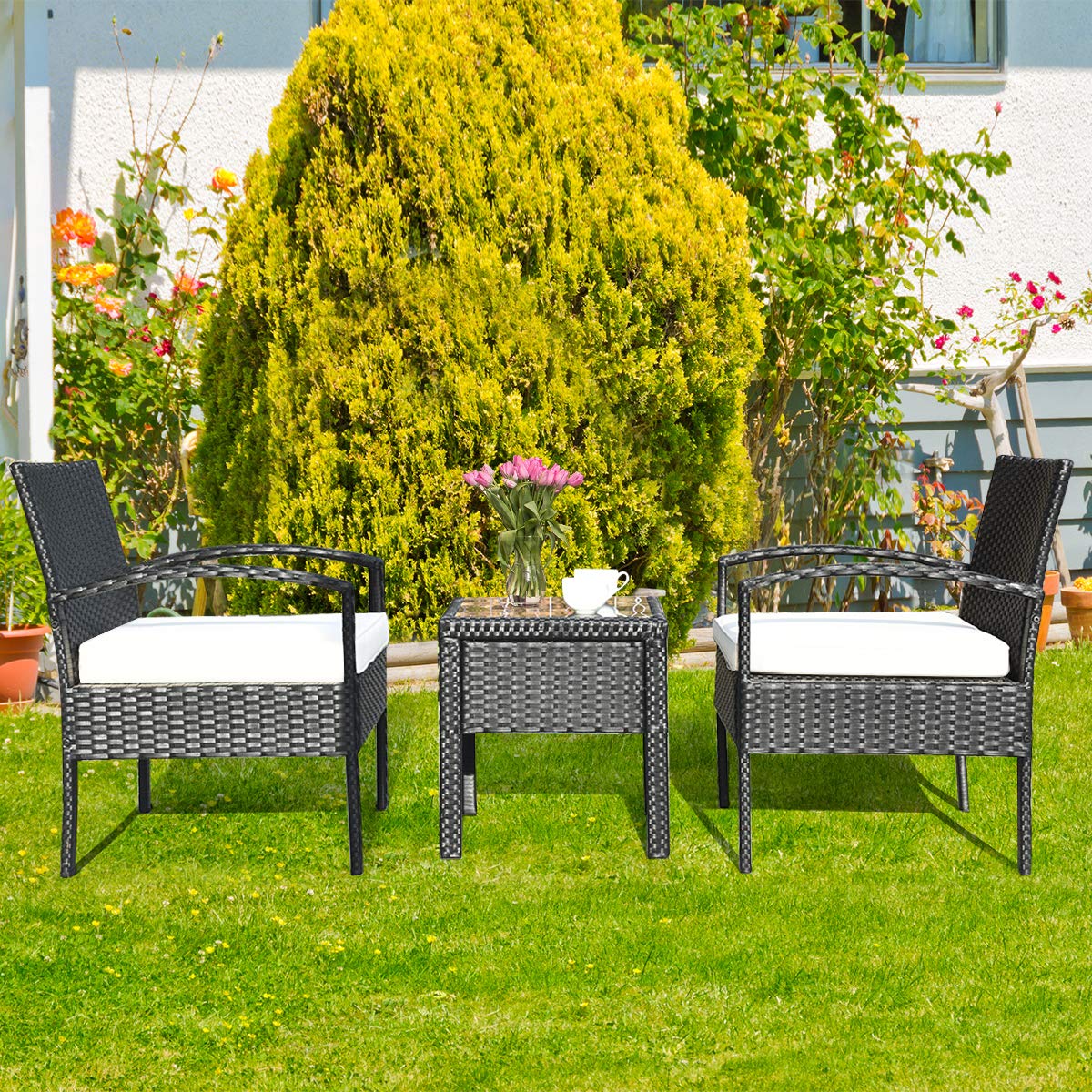 Tangkula AM0583HM 3 Piece Patio Furniture Set with 2 Cushioned Chairs & End Table, Black Tangkula