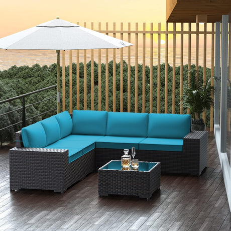 RTDTD Outdoor Patio Furniture Set, 6 Pieces Outdoor Furniture All Weather Patio Sectional Sofas PE Wicker Modular Conversation Sets with Coffee Table,5 Chairs & Seat Clips Turquoise Blue. RTDTD