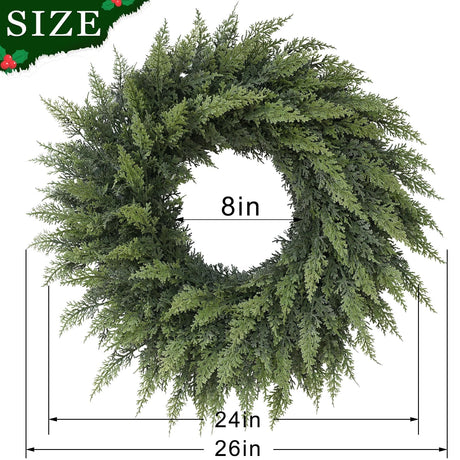 24" Real Touch Artificial Cedar Wreath - Faux Christmas Wreaths for Front Door,Faux Pine Green Wreath for Home, Holiday, Fireplace, Mantle,Wall, Windows, Xmas, Outdoor Decoration FOTEEWL