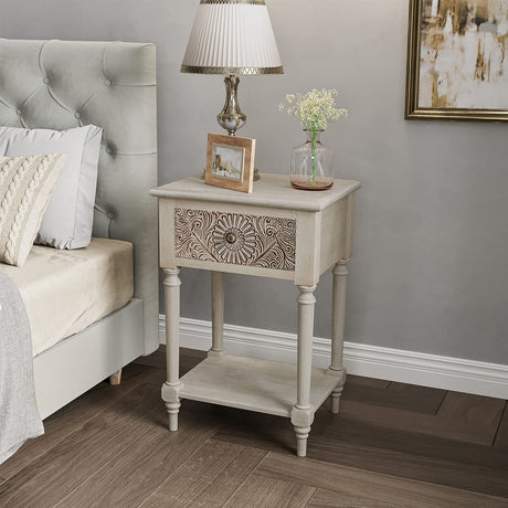 COSIEST Vintage Nightstand, MDF 2-Tier Bedside Table, Wood Accent End Table with Storage Drawer and Open Display Shelf for Bedroom Living Room COSIEST