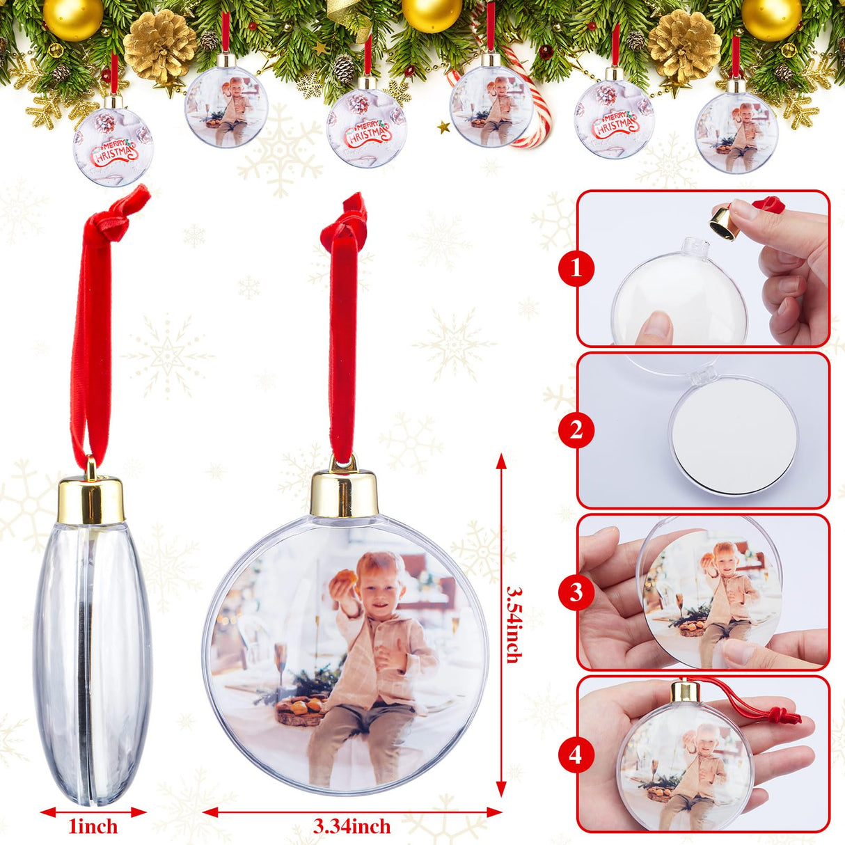 Hotop 12 Pcs Photo Ornament Ball Christmas Sublimation Blanks Photo Frame Ornaments Christmas Tree Hanging Photo Ball Decoration DIY Plastic Photo Baubles for Christmas Valentine's Day Decor Hotop