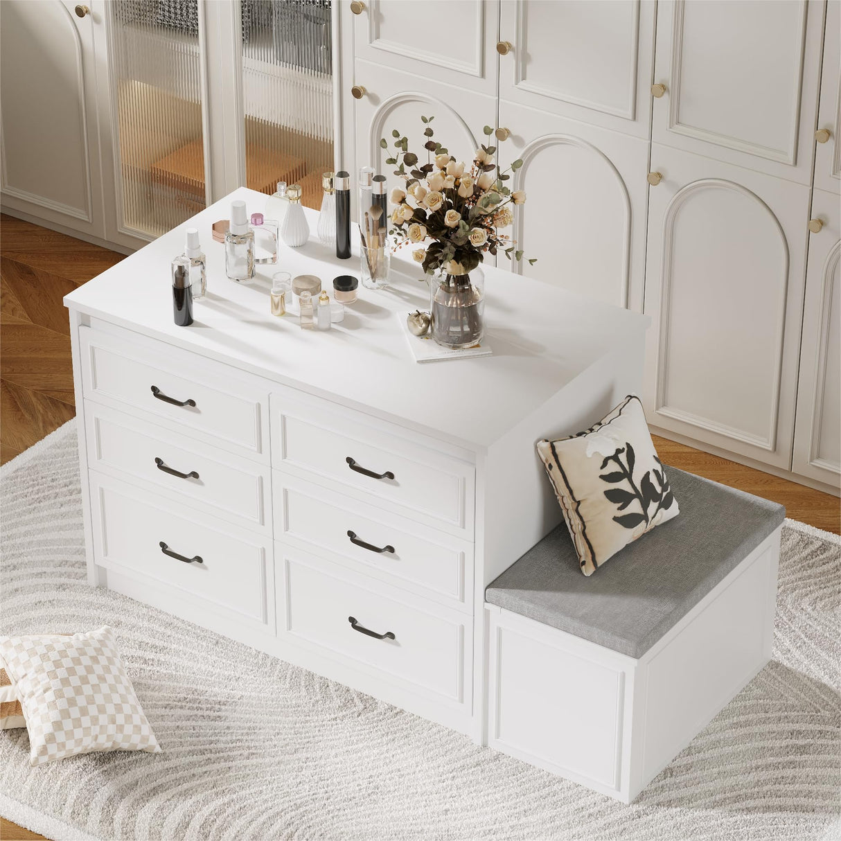 TAMUNE Armoire Bedroom Wardrobe Closet Island with 12 Drawers & Flip Door, Walk in Closet Island with Storage Bench, Islands Dresser for Bedroom Cloakroom White (61.9”W x 27.6”D x 32.6”H) TAMUNE