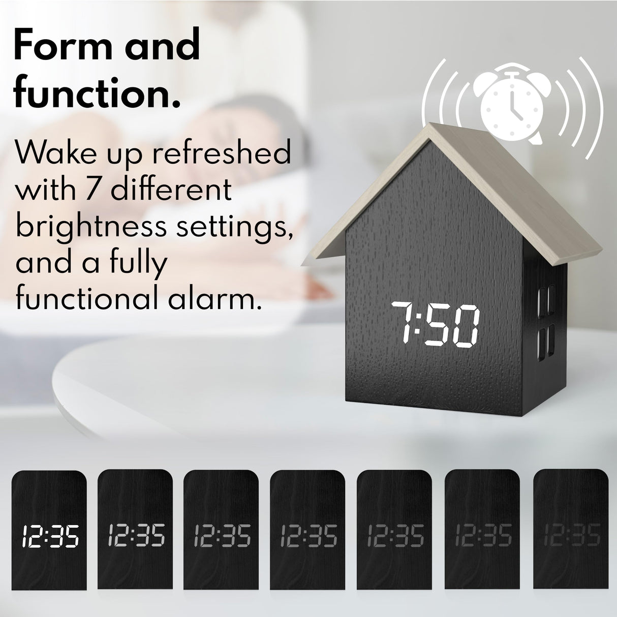 Driini Digital House Shaped Alarm Clock with Temperature Display (Dark Wood) – Modern Aesthetic with Cute Cube Frame and White LED Dimmer - Perfect Small Desk Clock for Bedside Table or Bedroom Mantle Driini