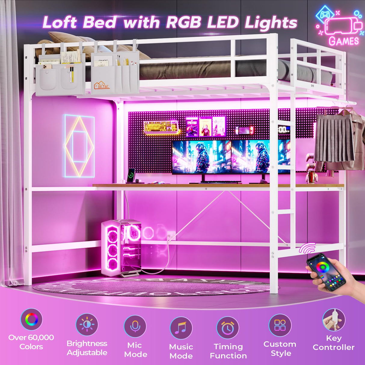 DICTAC Loft Bed Full Size with Desk and Led Lights Metal Full Loft Bed with Power Outlet Full Size Bed Frame with Top Bunk and Safety Guard & Ladder, Space-Saving,No Noise,No Box Spring Needed, White DICTAC