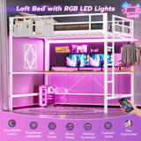 DICTAC Loft Bed Full Size with Desk and Led Lights Metal Full Loft Bed with Power Outlet Full Size Bed Frame with Top Bunk and Safety Guard & Ladder, Space-Saving,No Noise,No Box Spring Needed, White DICTAC