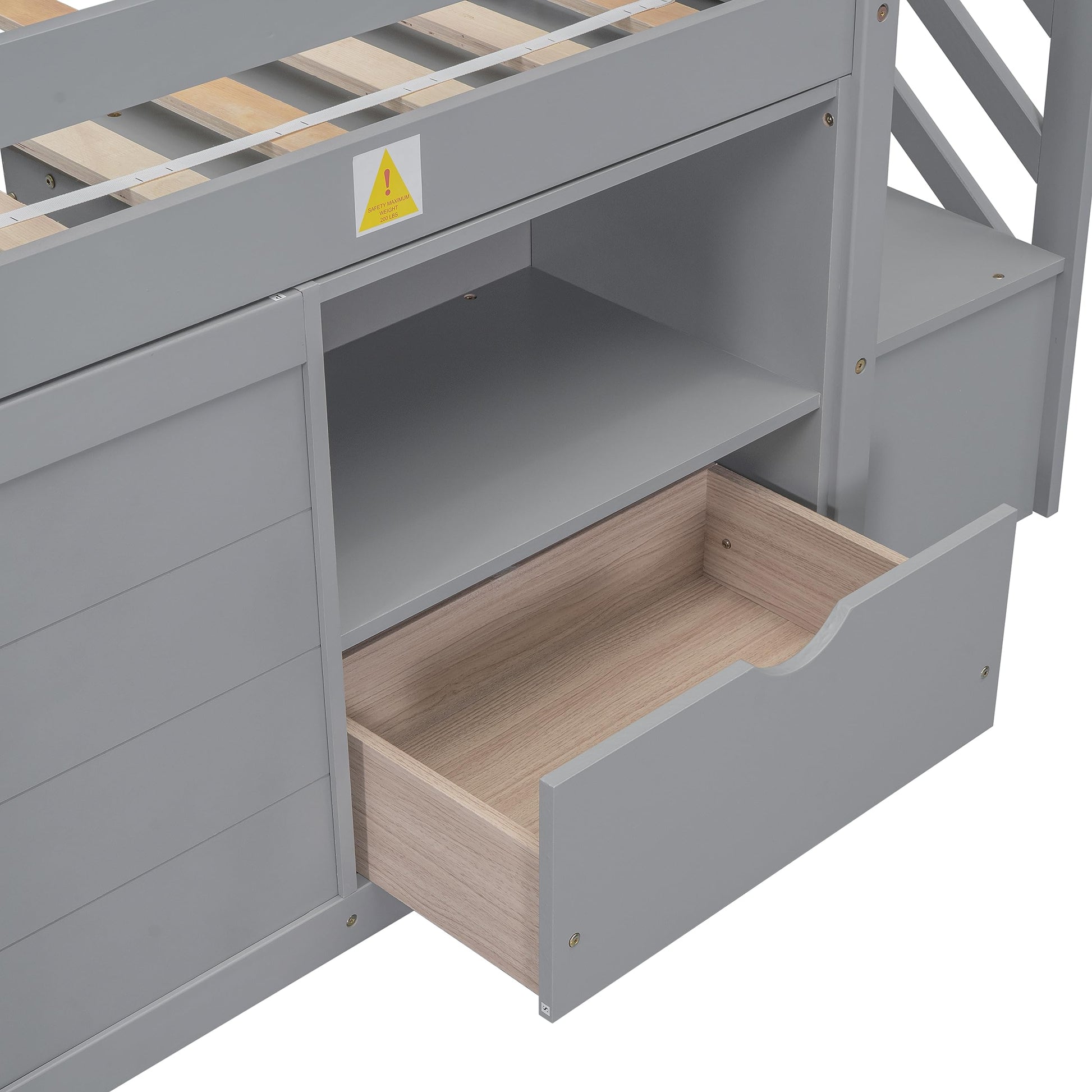 Okak Grey Twin Size Low Loft Bed with Playhouse, Storage Drawer, and Stairs for Kids - WoodArtSupply