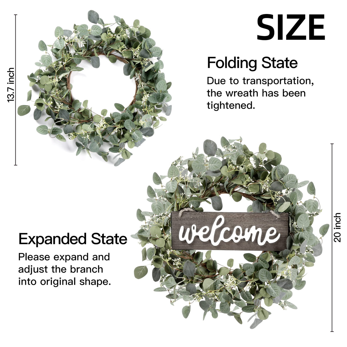 Sggvecsy Green Eucalyptus Leaf Wreath with Welcome Sign 20in Artificial Eucalyptus Wreath Spring Summer Wreath for Front Door Wall Window Farmhouse Festival Porch Patio Garden Decor Sggvecsy