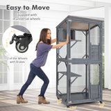 Tangkula Catio Outdoor Cat Enclosure, 72 Inch Wooden Cat House on Wheels with Resting Box, 2 Platforms & Weatherproof Asphalt Roof, Large Kitty Cat Condo Cage Playpen with Enter Doors & PP Layer Tangkula