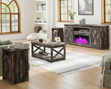 AMERLIFE 5-Piece Farmhouse Table Set Includes Fireplace TV Stand, Coffee Table& Two End Tables with Charging Station and USB Ports, for Living Room, Dark Oak, 63" AMERLIFE