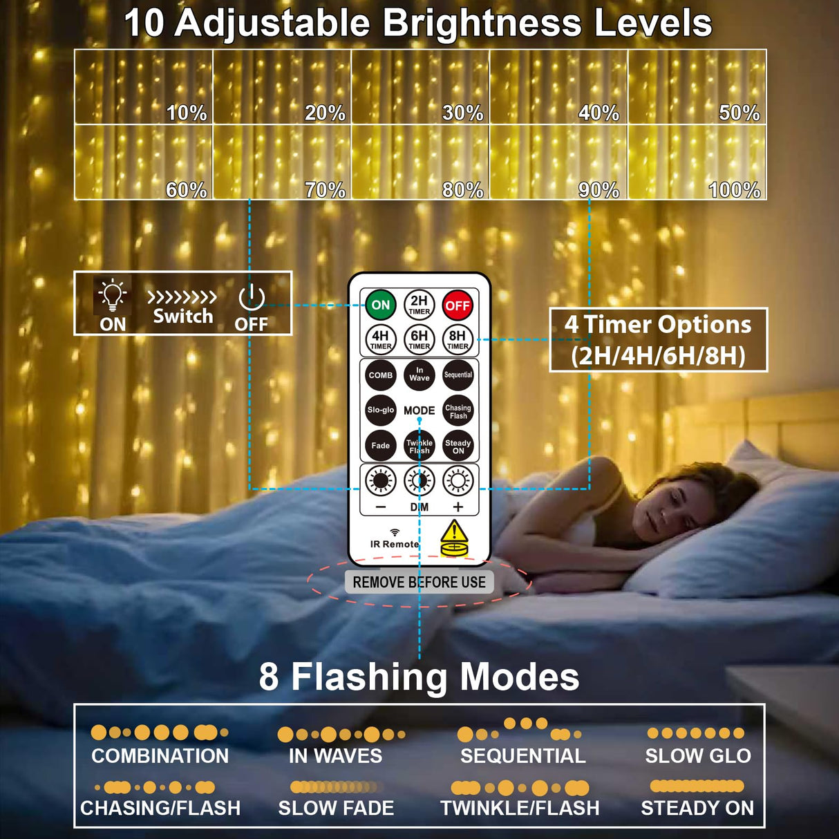 HXWEIYE 300LED Fairy Curtain Lights, 9.8x9.8Ft Warm White USB Plug in 8 Modes Christmas String Hanging Lights with Remote for Bedroom, Indoor, Outdoor, Weddings, Party HXWEIYE