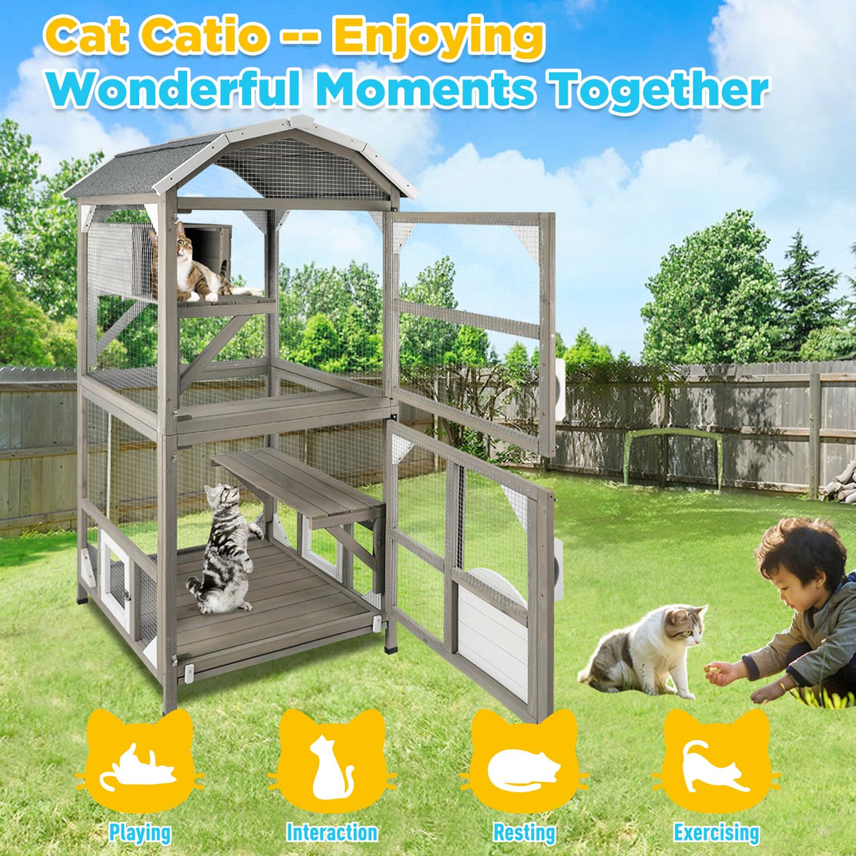 Gowoodhut 71'' Large Cat House Outdoor Catio Enclosures Indoor Kitten Cages with Attachable Window Resting Box,Waterproof Roof Gowoodhut