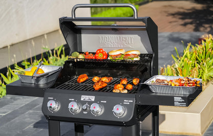 Monument Grills 4-Burner Liquid Propane Gas Grill, Black Stainless Steel Grill with Clearview® Lid and One Foldable Shelve for Outdoor Cooking Kitchen and Patio Backyard, Mesa420MF with BBQ Cover