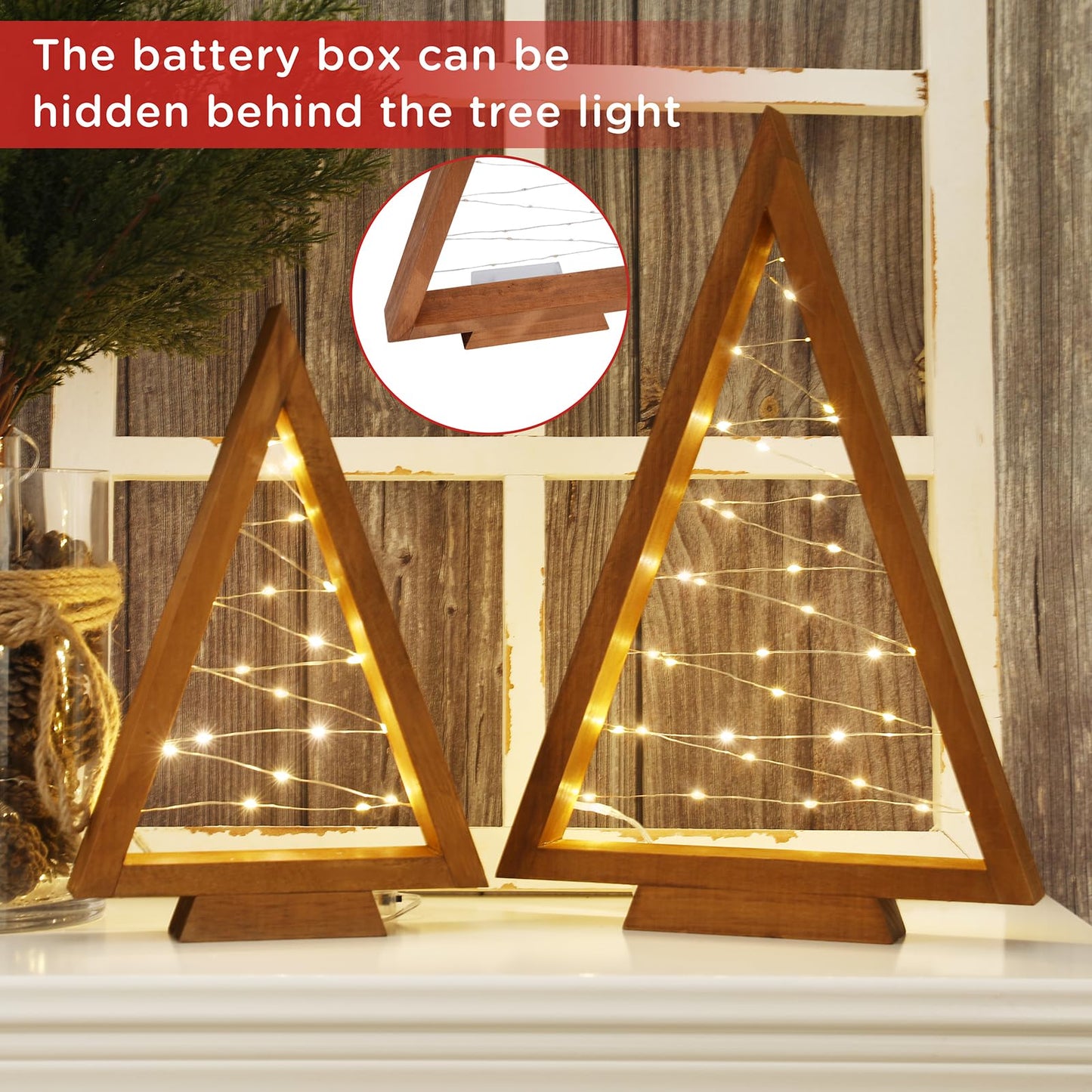 FestalMart Christmas Decorations-2PCS Light Up Wooden Christmas Tree- Handmade Tabletop Christmas Tree with Light for Farmhouse Home Kitchen Table Mantle Shelf Party Decor