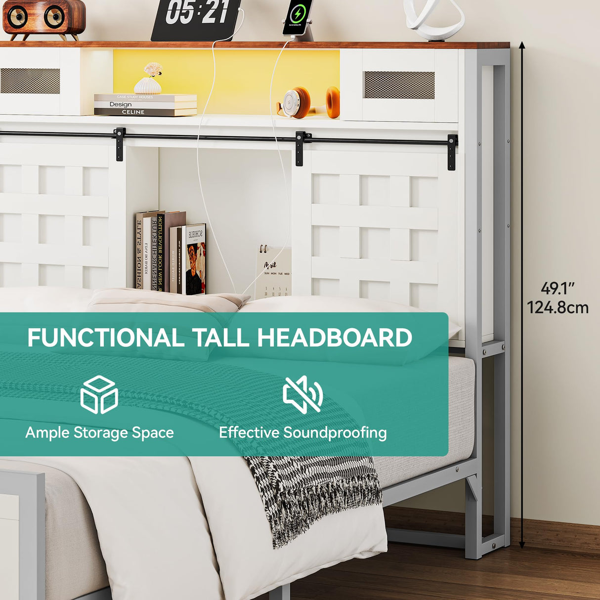 YITAHOME Queen Farmhouse Bed Frame,49.14" Tall Headboard with Storage and Bookcase Led Light & Charging Station, Sliding Barn Door, Wooden Platform Bed Frame, No Box Spring Needed, White YITAHOME