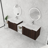 Lunanniu 71" Floating Bathroom Vanity with Double Sink Top Combo Set Ceramic Dual Basin Plywood Construction Soft Close Door Open Shelf Storage Cabinet Wall Mount Silver-Brown Stripe Lunanniu