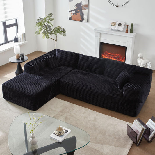 POUUIN 104" L-Shape Modular Sectional Sofa Couch - Comfy Upholstered Cloud Couch for Living Room - Modern Minimalist Couch,Deep Seat,No Assembly Required (Black,Plush Corduroy, Left Facing Chaise)