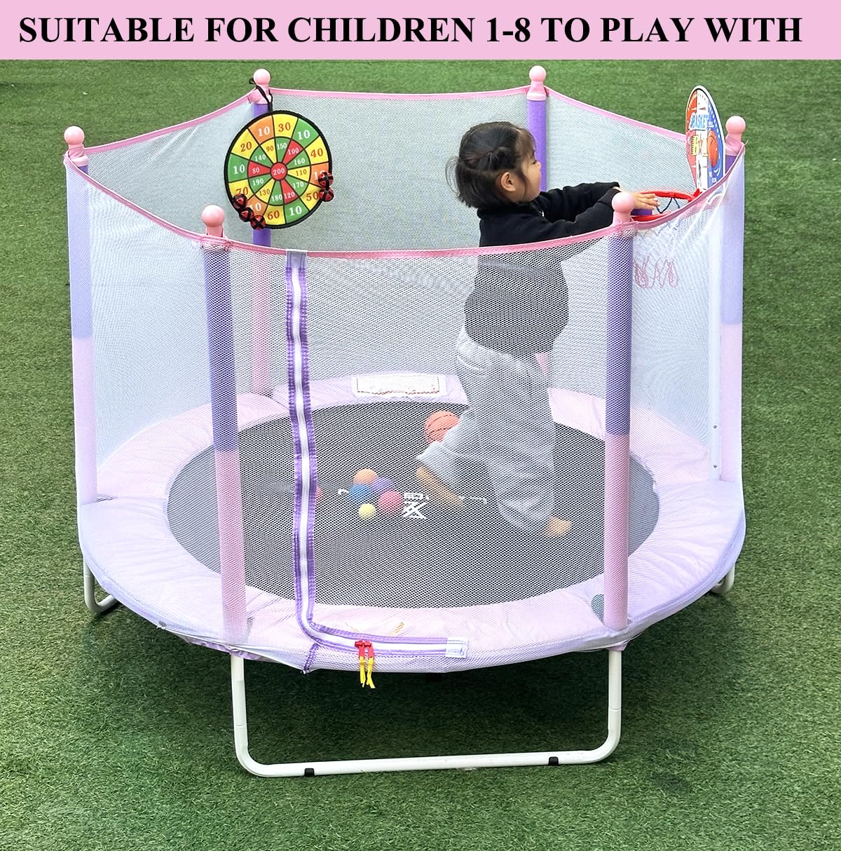 LANGXUN 60" Trampoline for Kids, 5ft Mini Toddler Indoor & Outdoor Trampoline with Net, Basketball Hoop & Dart Board, Birthday Gifts for Boys & Girls, Baby Toddler Christmas Toys (Pink & Purple) LANGXUN