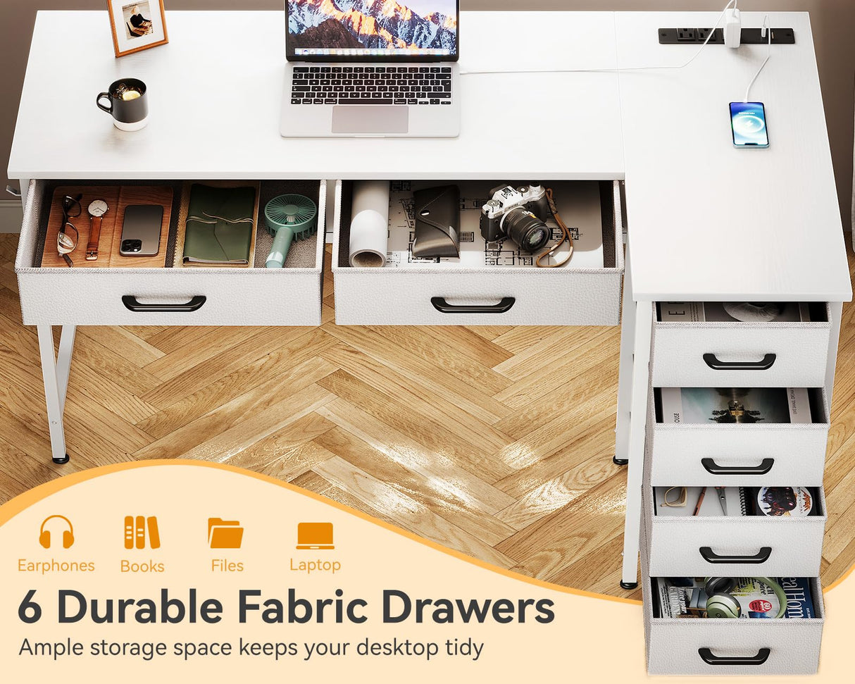 Coleshome 42 Inch L Shaped Desk with Drawers, Computer Desk with Power Outlets, Home Office Desk with 6 Drawers, Reversible Corner Desk for Small Space, Study Work Table with Hook, White Coleshome