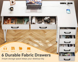 Coleshome 42 Inch L Shaped Desk with Drawers, Computer Desk with Power Outlets, Home Office Desk with 6 Drawers, Reversible Corner Desk for Small Space, Study Work Table with Hook, White Coleshome