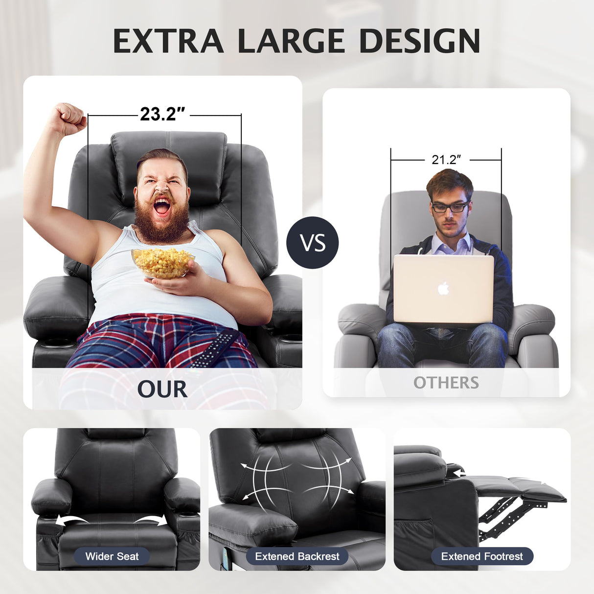 Reedvales Oversized Swivel Rocker Recliner Sofa Chair with Heat and Massage, Big Recliner Sofa Chair for Living Room, 360 Degree Swivel Single Sofa with Cup Holders and USB Port(Leather, Black) Reedvales