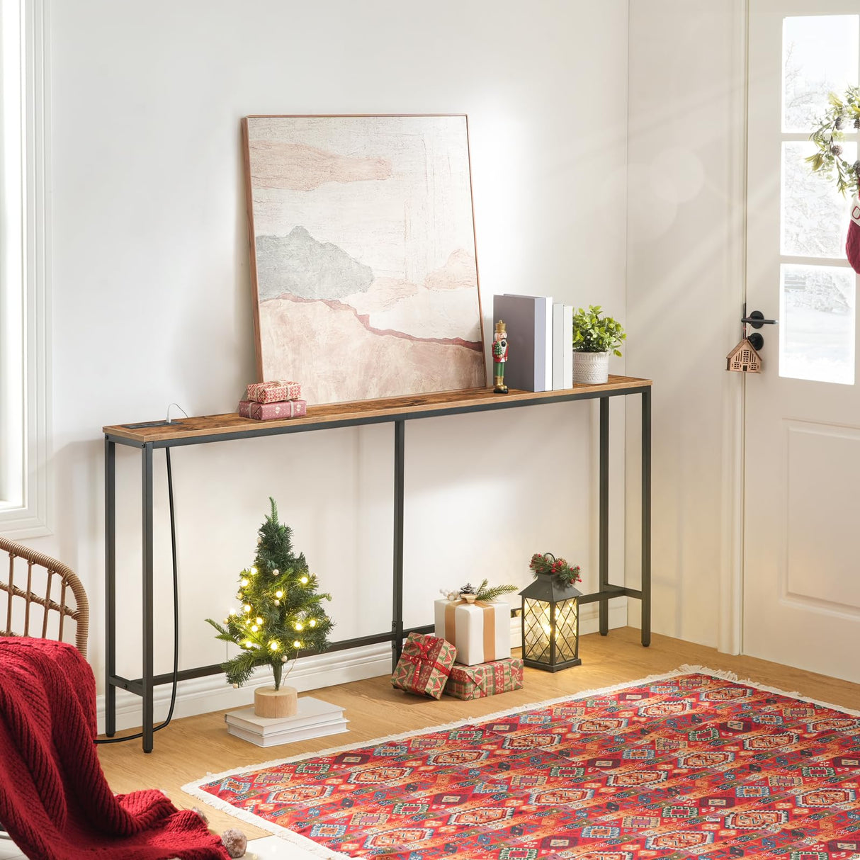 MAHANCRIS Console Table with Power Outlet, 70.9" Narrow Sofa Table, Industrial Entryway Table with USB Ports, Behind Couch Table for Entryway, Hallway, Foyer, Living Room, Rustic Brown CTHR18E01Z1 MAHANCRIS