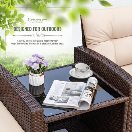 Greesum 3 Pieces Patio Furniture Sets Outdoor PE Rattan Wicker Chairs with Soft Cushion and Glass Coffee Table for Garden Backyard Porch Poolside, Beige Greesum