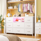 White Dresser TV Stand for 55'' with LED Lights & Charging Station, Dresser for Bedroom with 8 Drawer, Chest of Drawers with Open Shelves, 6 Adjustable Feet, Hallway, Entryway EnHomee