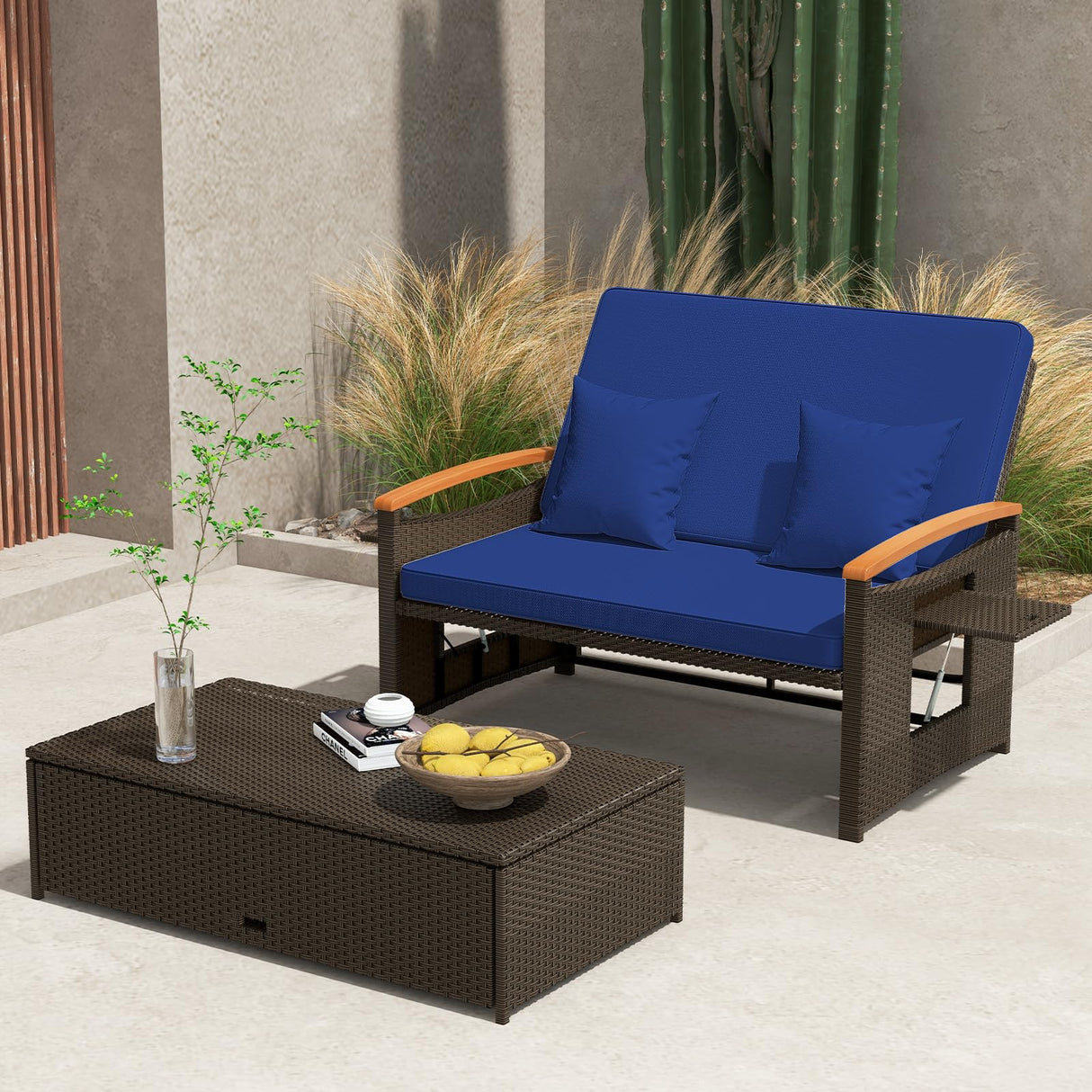 Tangkula Patio Rattan Daybed Set with Cushioned Loveseat and Storage Ottoman, Outdoor Double Chaise Lounger with 4-Level Adjustable Backrest and Retractable Side Trays for Backyard (Navy) Tangkula
