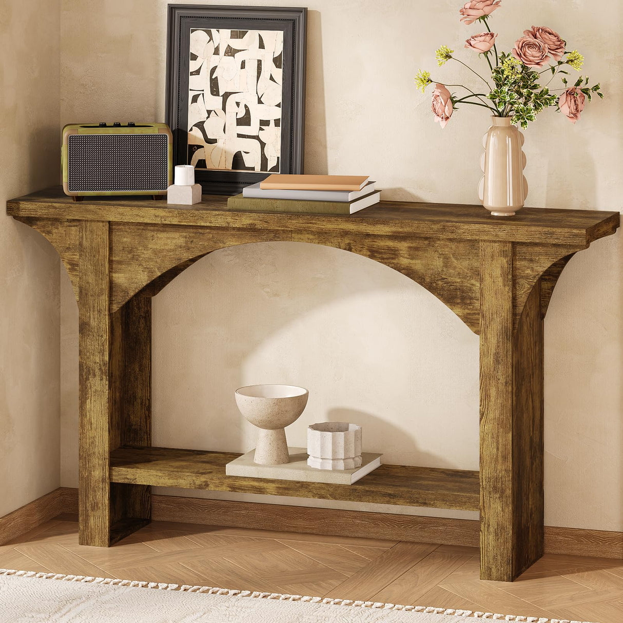 Tarnorci 55 Inches Console Table,2 Tier Farmhouse Entryway Table,Narrow Wood Accent Tables with Storage Shelves for Living Room,Entrance,Hallway,Foyer (Brown) Tarnorci