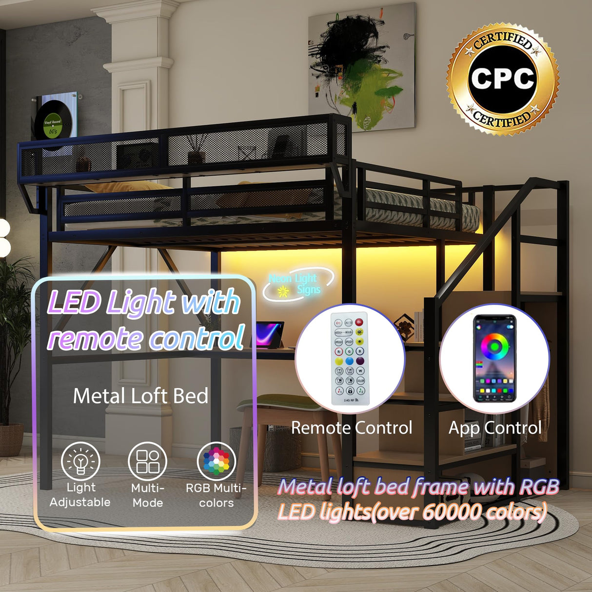 Mirightone Full Size Loft Bed with Stairs & Desk, Metal Loft Bed Frame with LED and Charging Station, High Loft Beds Gaming Lofted Full Bed with Storage Shelf for Kids and Teens (Black+Natural) Mirightone