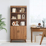 68" Fluted Tall Bookcase with Storage Cabinet,Mid-Century Modern 5-Tiers Arched Bookshelf Cabinet with Doors, Arched Bookcase with Open Display Storage Shelf for Home Office Bedroom Living Room,Walnut XUZENEST