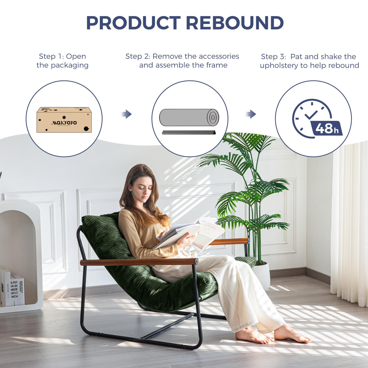 MAXYOYO Modern Accent Chair, Comfy Living Room Chair with Metal Frame Wooden Armrest, Upholstered Armchair with Soft Cushion for Bedroom Balcony Lounge Reading Room, Dark Green MAXYOYO