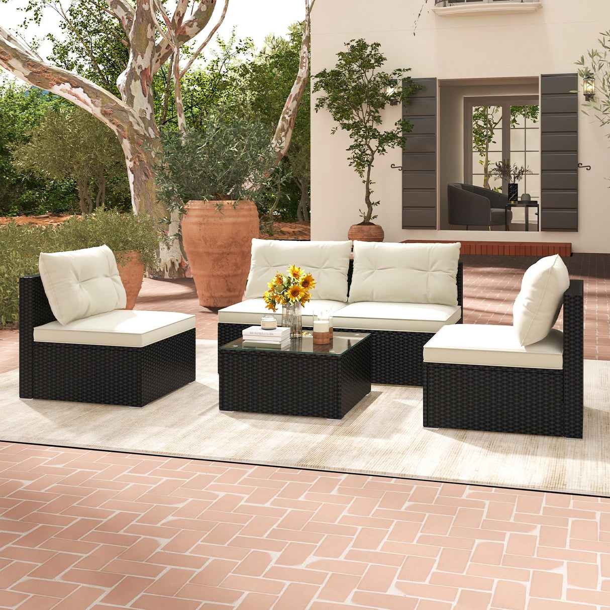 Tangkula 5 Piece Rattan Sofa Set, Patiojoy Outdoor Wicker Furniture Set with Seat & Back Cushions, Square Coffee Table, Patio Sectional Sofa Set for Backyard, Poolside, Garden Tangkula