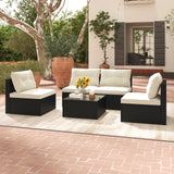 Tangkula 5 Piece Rattan Sofa Set, Patiojoy Outdoor Wicker Furniture Set with Seat & Back Cushions, Square Coffee Table, Patio Sectional Sofa Set for Backyard, Poolside, Garden Tangkula