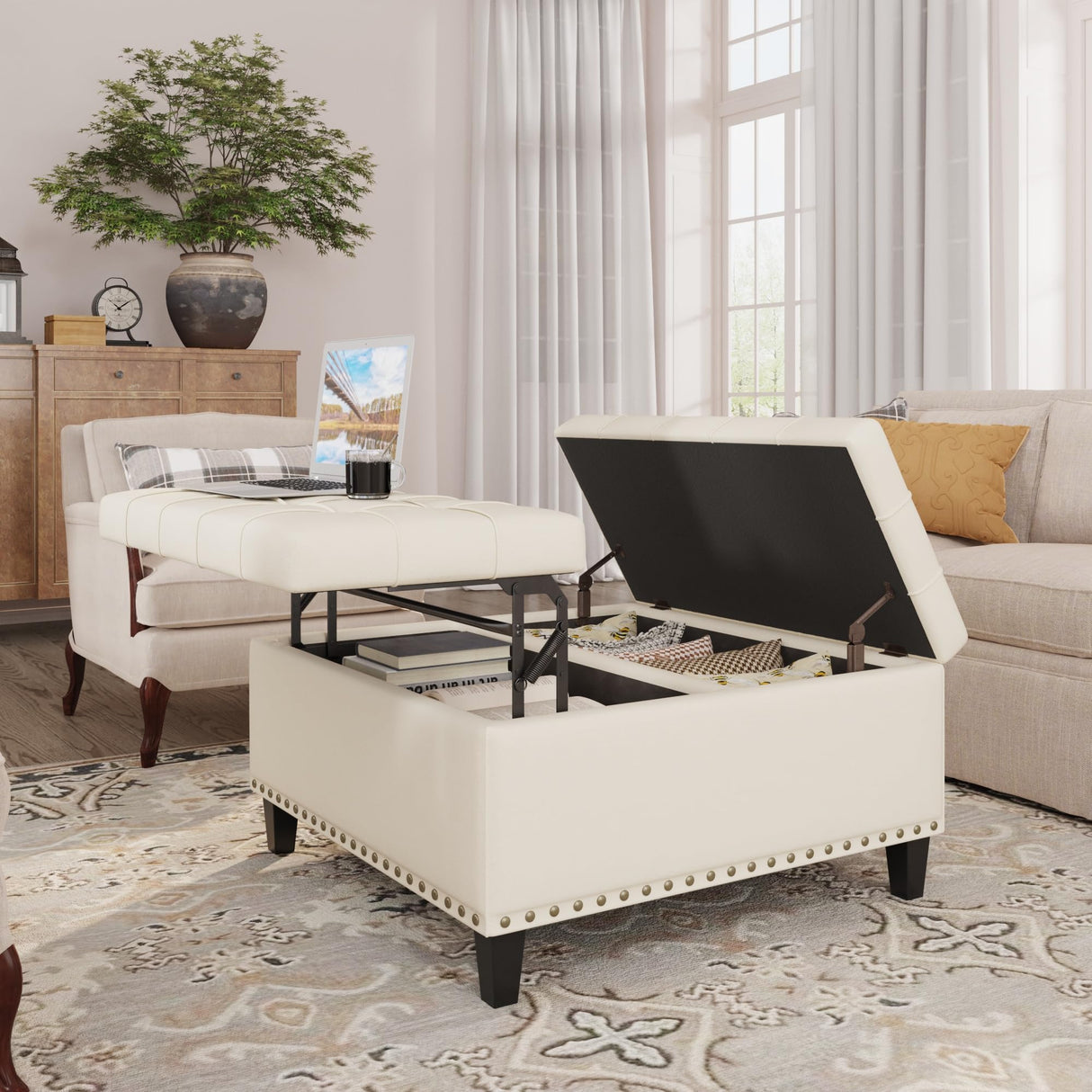 FiveWillowise Tufted Square Ottoman Coffee Table with Storage, Leather Upholstered Cube Storage Ottoman, Oversized Footrest Stool Toy Box Storage for Livingroom Bedroom, Ivory White FiveWillowise