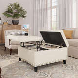 FiveWillowise Tufted Square Ottoman Coffee Table with Storage, Leather Upholstered Cube Storage Ottoman, Oversized Footrest Stool Toy Box Storage for Livingroom Bedroom, Ivory White FiveWillowise