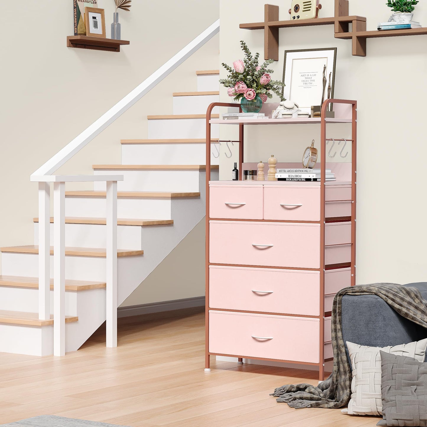 5 Drawers Dresser, Tall Dresser for Bedroom, Fabric Drawer Organizer Unit, Chest of Drawers with Hooks, Open Shelf for Closet, Living Room, Hallway, Entryway (Pink Wood Grain Print)