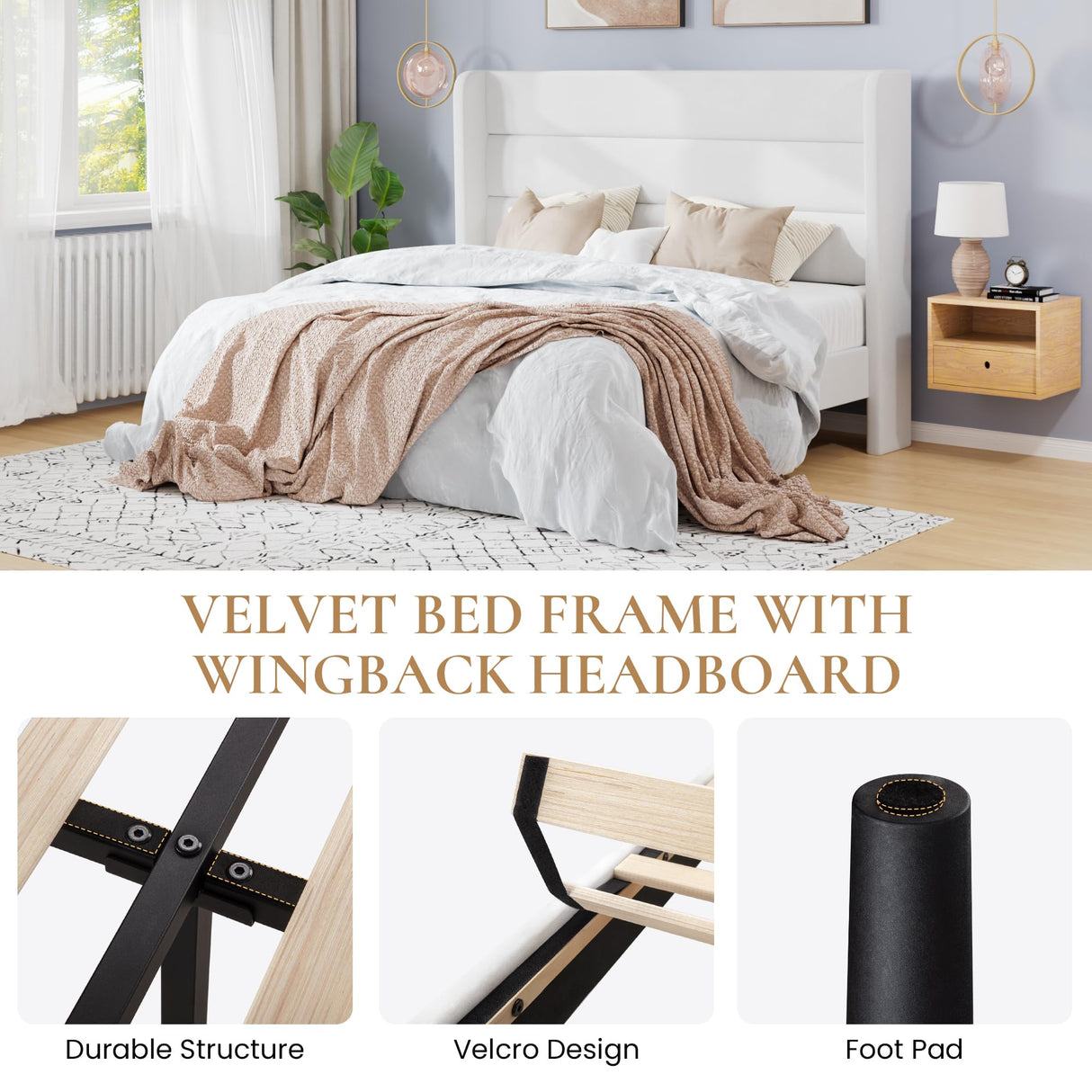 SHA CERLIN Full Size Velvet Bed Frame/Vertical Channel Tufted Wingback Headboard/Upholstered Platform Bed with Wooden Slats/Mattress Foundation/No Box Spring Needed/Easy Assembly/White SHA CERLIN