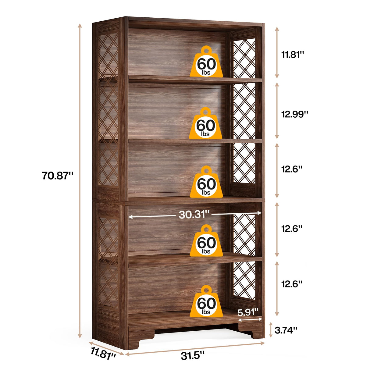 Tribesigns 6-Tier Bookcase, 70.8" Vintage Tall Bookcase,5-Shelf Mid-Century Display Rack Storage Shelves for Home Office, Living Room, Bedroom, Set of 2 Tribesigns