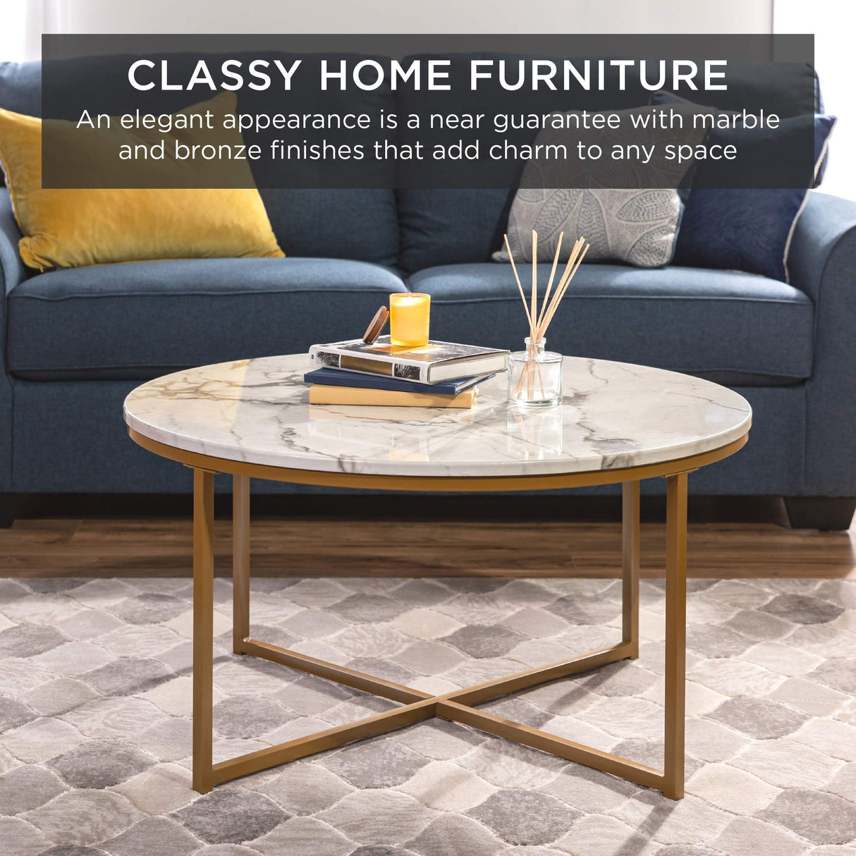 Best Choice Products 36in Faux Marble Accent Table, Modern End Table, Large Coffee Table Home Decor for Living Room, Dining Room, Tea, Coffee w/Metal Frame, Foot Caps, Designer - White/Gold Best Choice Products